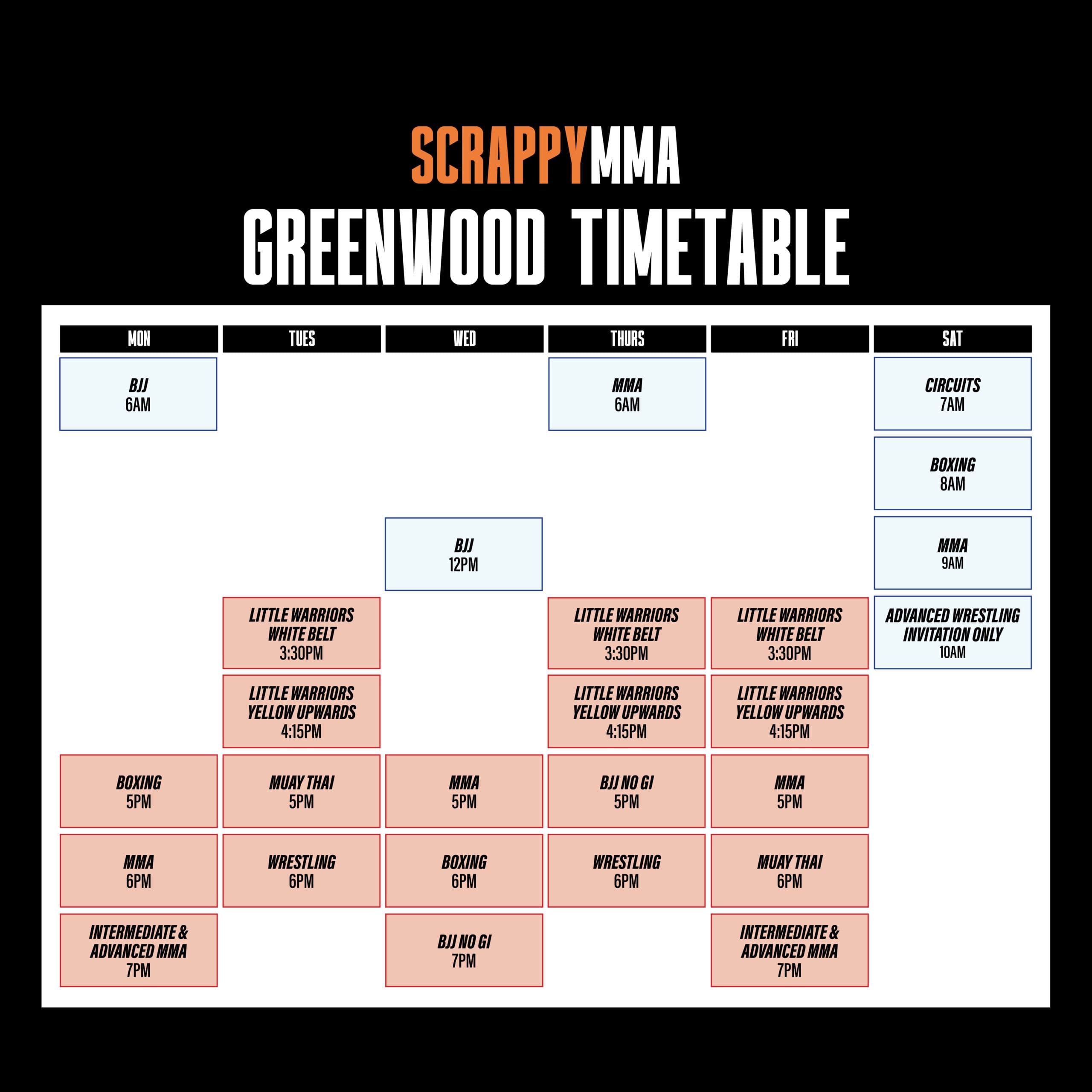 Scrappy MMA North Greenwood Class TImetable 30.05