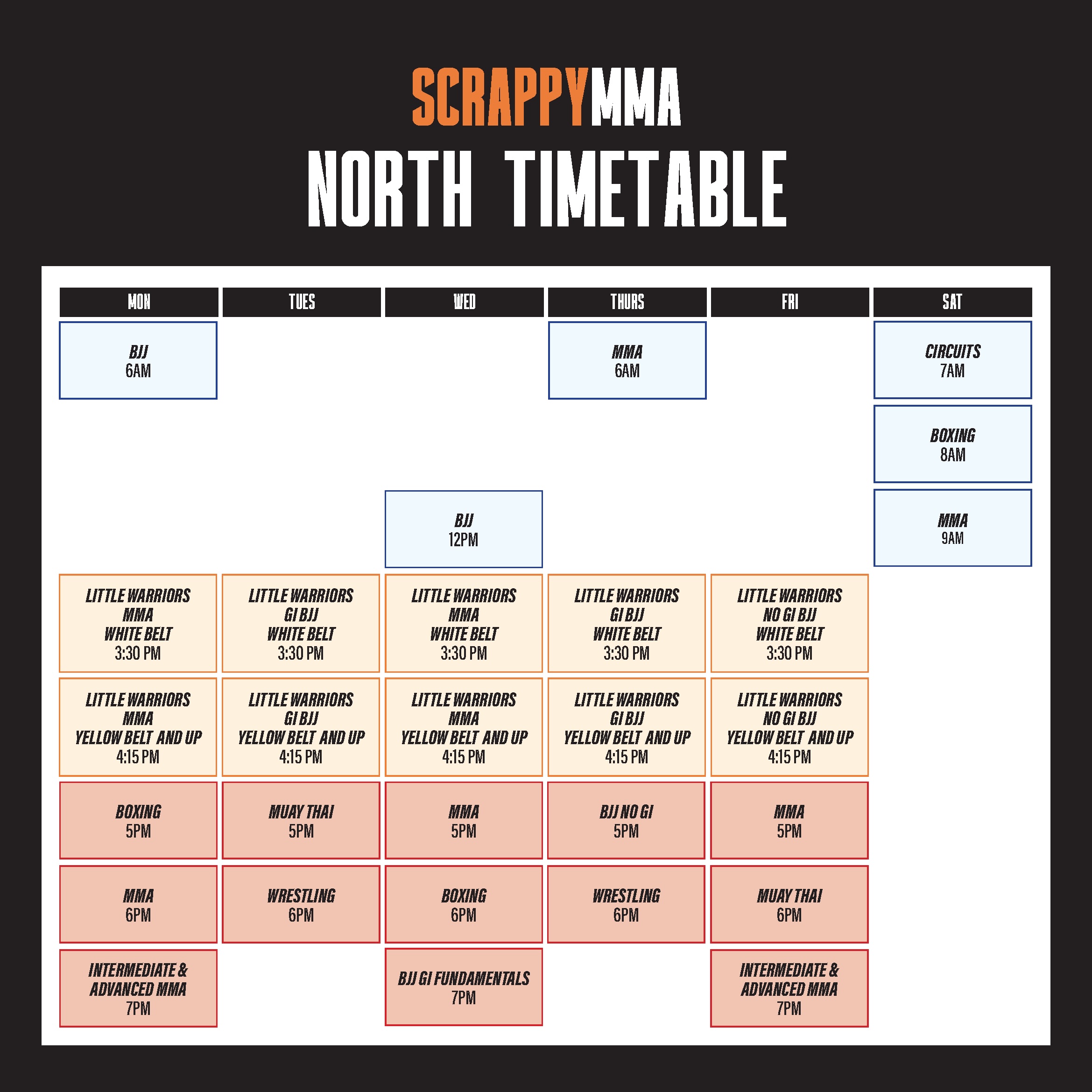 Scrappy MMA North Greenwood Class TImetable 30.05